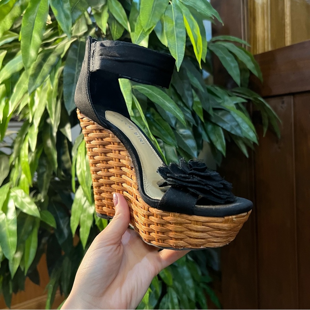 Gianni Bini Rosette Black Floral Rose Espadrille Wedges